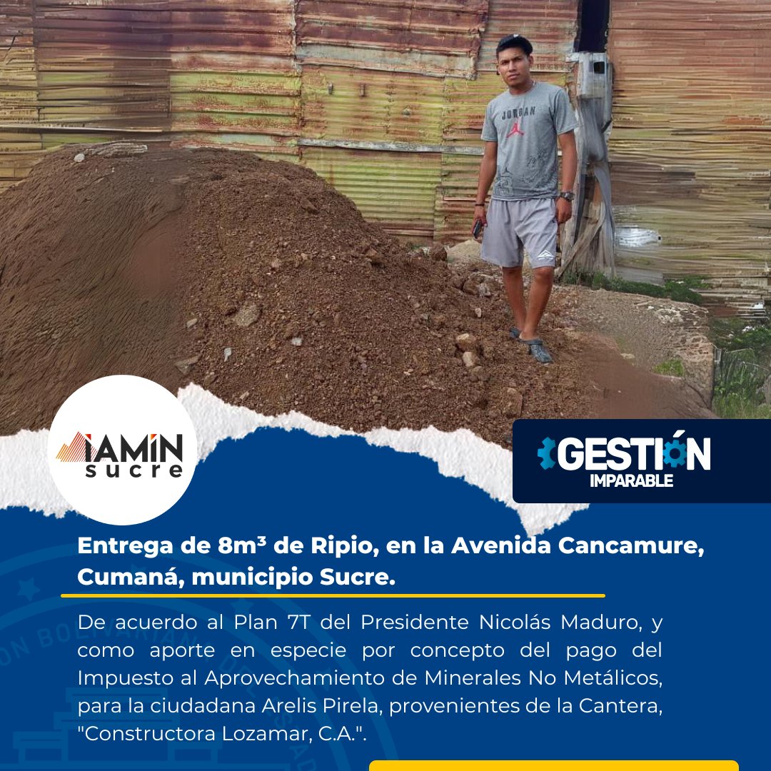 #06Ago| En cumplimiento del Plan 7T del Pdte. <a href="/NicolasMaduro/">Nicolás Maduro</a>, se entregaron 8m³ de Ripio provenientes del Operador Minero Constructora Lozamar C.A., en la Avenida Cancamure, Cumaná, mcpio #Sucre.
@GPintoVzla