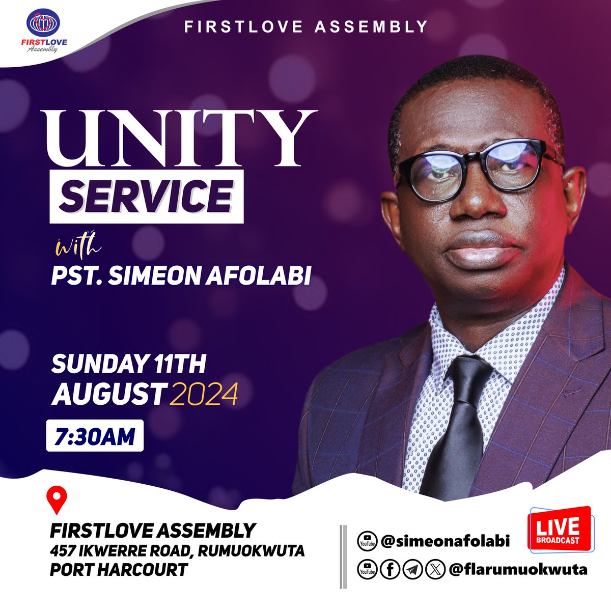 flarumuokwuta's tweet image. Join us in this global Unity Service and experience joy in God’s presence; for in His presence is fullness of Joy (Psalms 16:11).

Sunday 11th August, 2024
Bible Study 7:30am
Praise &amp;amp; Worship/live service transmission 8:00am

#UnityService #PastorSimeonAfolabi #FirstLoveAssembly