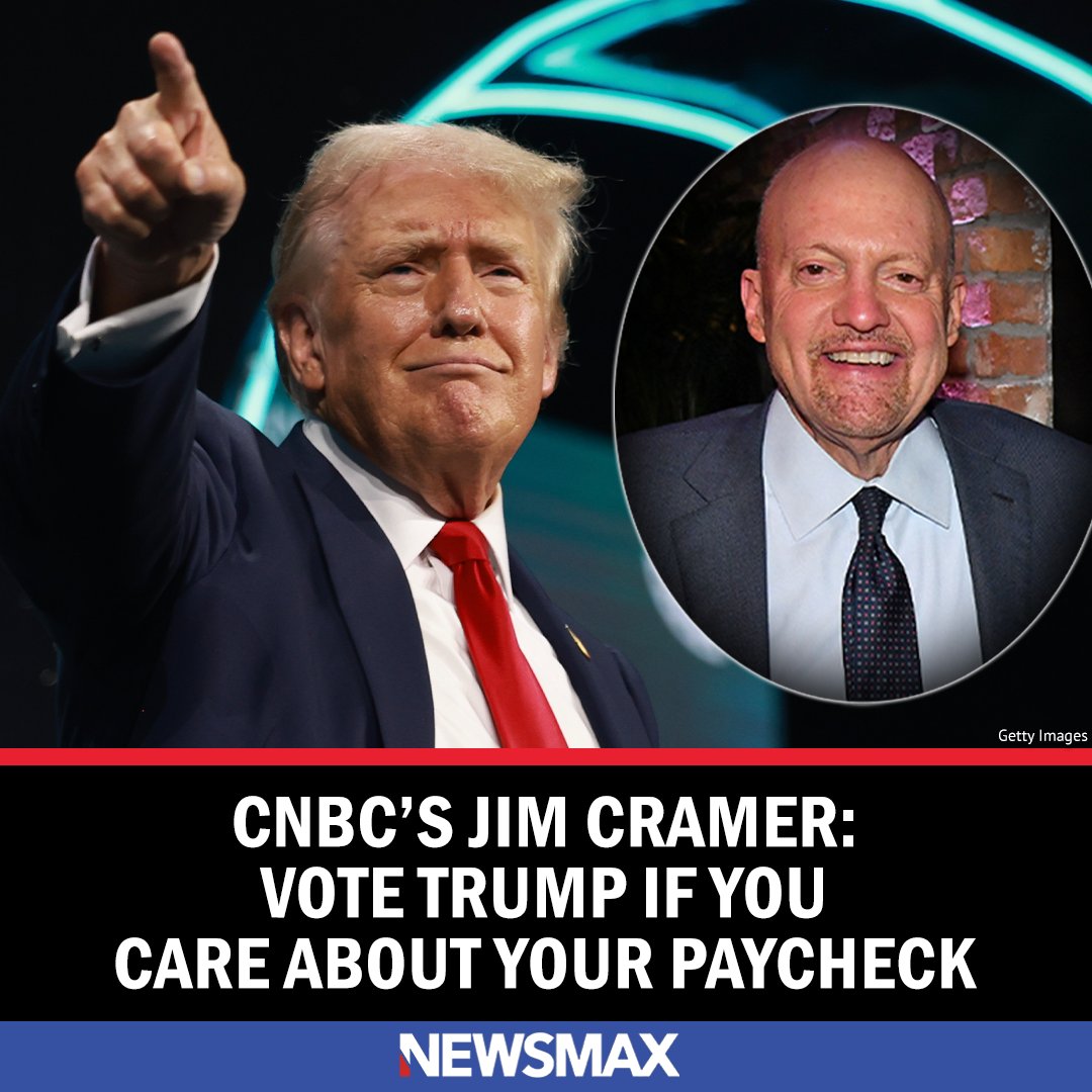 NEWSMAX's tweet image. "You go with Trump, that's what you do" — Jim Cramer of CNBC tells viewers Trump is the pick if they "care about their paycheck." bit.ly/4d3O89z