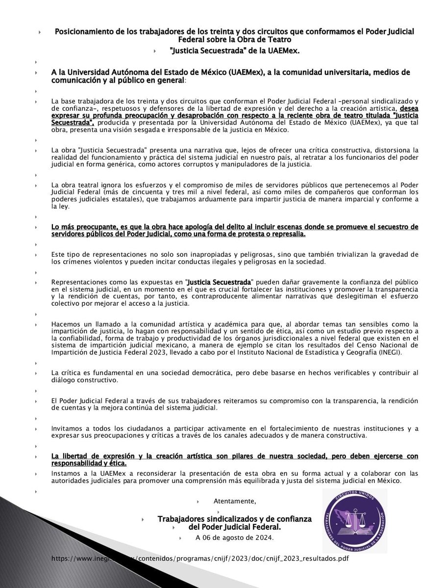 Posicionamiento de rechazo a la obra "Justicia Secuestrada".