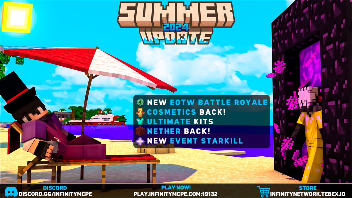 InfinityHCF's tweet image. Infinity | Summer Update 🌴🏖️

Estamos felices de anunciarles nuestra nueva update la cual trae novedades y 40% en TODA NUESTRA TIENDA!
- New EOTW BatteRoyale🗡️
- Cosmetics Back 🎩
- Ultimate Kits 🏹
- New Event StarKill ✨
❤️&amp;amp;♻️ para participar en el sorteo 🎉