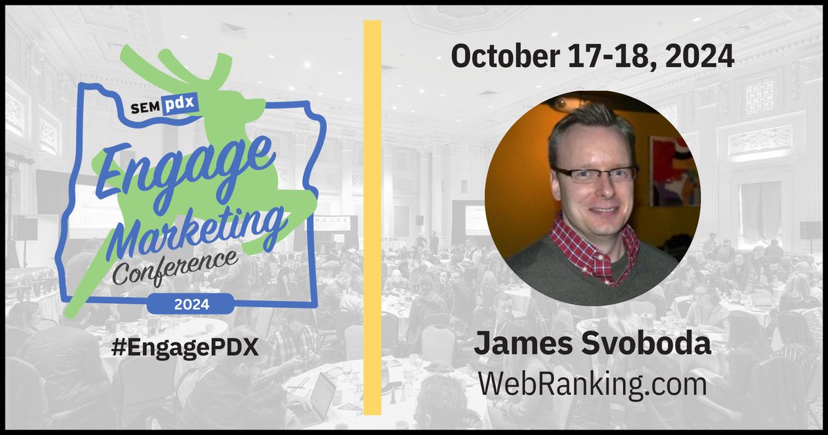 #EngagePDX Speaker Highlight: Excited to have <a href="/Realicity/">James Svoboda 🕊🐢|👥👊|💀🗡</a> from WebRanking.com at our conference! Gain insights from an industry leader and boost your digital marketing strategies. Check our full speaker line-up and register now! buff.ly/3SGc2jn