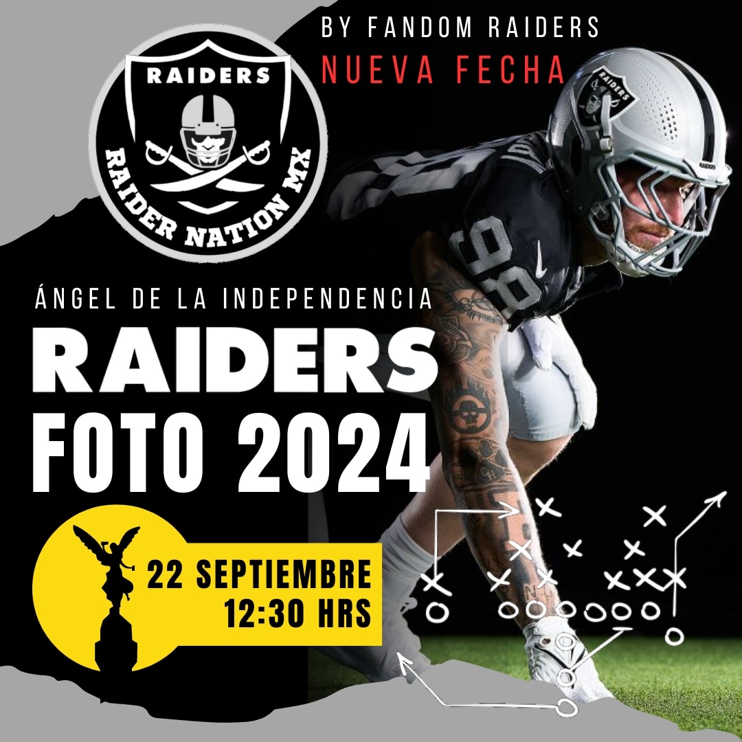RaiderNationMX's tweet image. 📢 ATENCIÓN ‼️
#RaiderNationMX 🏴‍☠️
¡Somos pasión Negro y Plata! 

Evento:
📸 FOTO FANDOM RAIDERS 2024
Organizada por Raider Nation MX

Día y hora:
🗓️ Domingo 22 septiembre 
🕧 Cita 12:30 - 🕐 Foto 13:00

Ubicación:
📍 Ángel de la Independencia

#RaiderNation 
#Raiders
#NFLMX