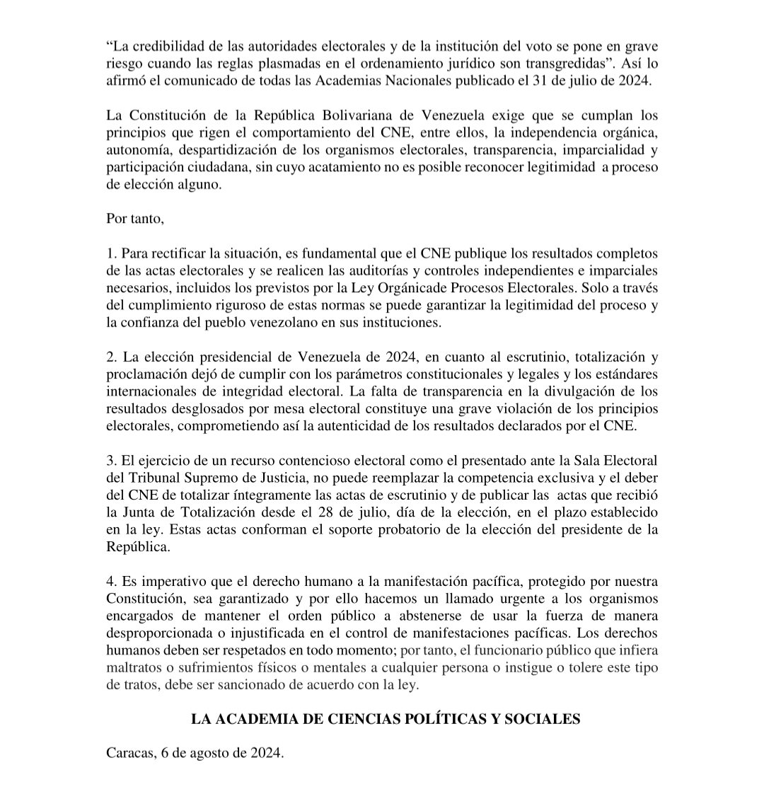 Academia de Ciencias Políticas y Sociales (@acienpol) on Twitter photo <a href="/acienpol/">Academia de Ciencias Políticas y Sociales</a>. Pronunciamiento con relación al tratamiento conferido a los procedimientos de totalización y proclamación efectuados por el Consejo Nacional Electoral.
acienpol.org.ve <a href="/acienpol/">Academia de Ciencias Políticas y Sociales</a>. Pronunciamiento con relación al tratamiento conferido a los procedimientos de totalización y proclamación efectuados por el Consejo Nacional Electoral.
acienpol.org.ve
