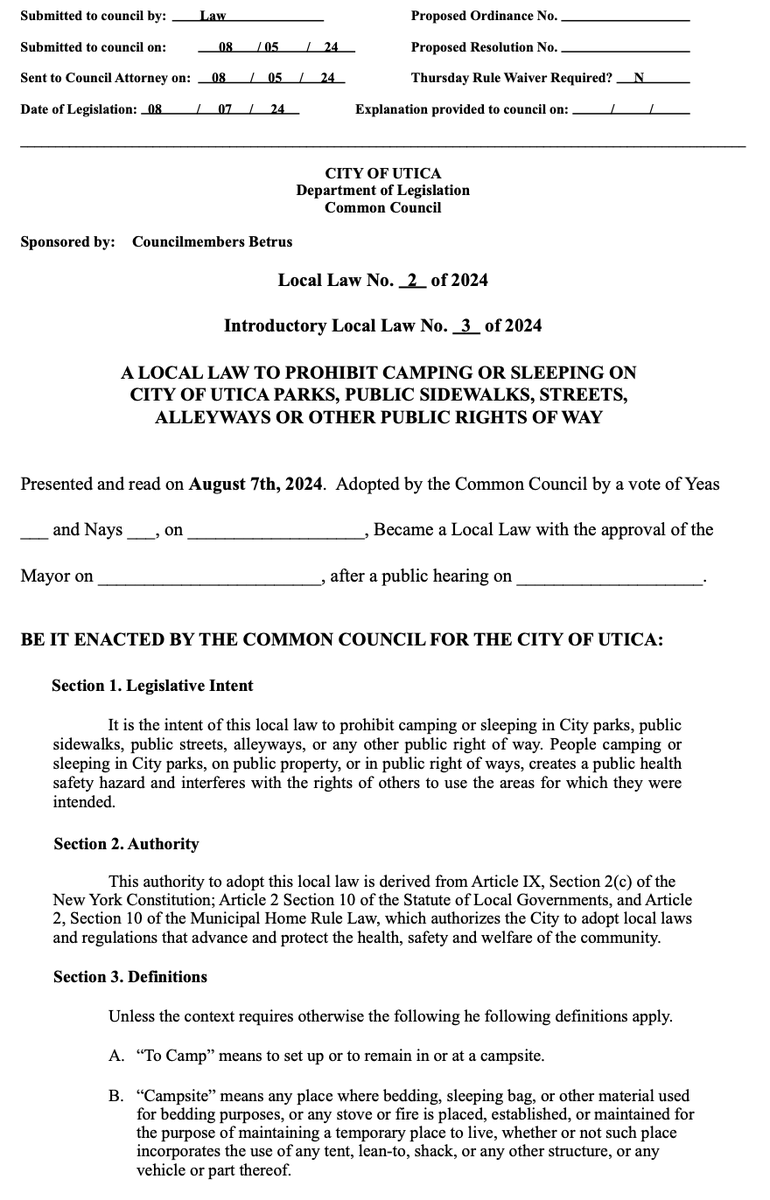katieaiello's tweet photo. For those interested, this Local Law was sent to the council today: 

A Local Law To Prohibit Camping or Sleeping on City of Utica Parks, Public Sidewalks, Streets, Alleyways or Other Public Rights of Way https://t.co/oCa1pjrdHE