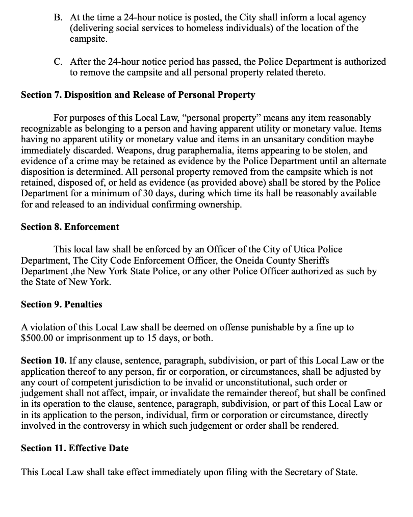 For those interested, this Local Law was sent to the council today: 

A Local Law To Prohibit Camping or Sleeping on City of Utica Parks, Public Sidewalks, Streets, Alleyways or Other Public Rights of Way