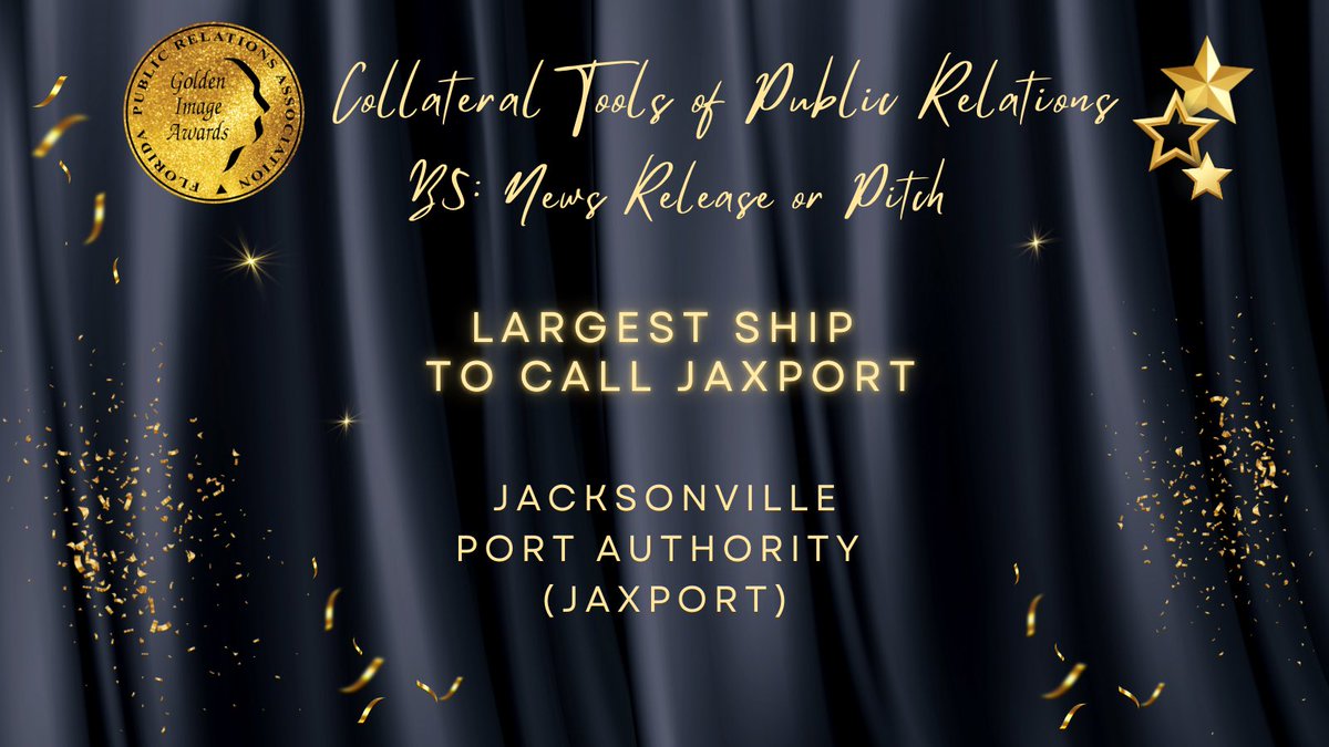 Congratulations to our Golden Image Category Winners!
 
Division B Collateral Tools Public Relations Programs: B5: News Release or Pitch
 
Largest Ship to Call JAXPORT
 
Jacksonville Port Authority (JAXPORT)
