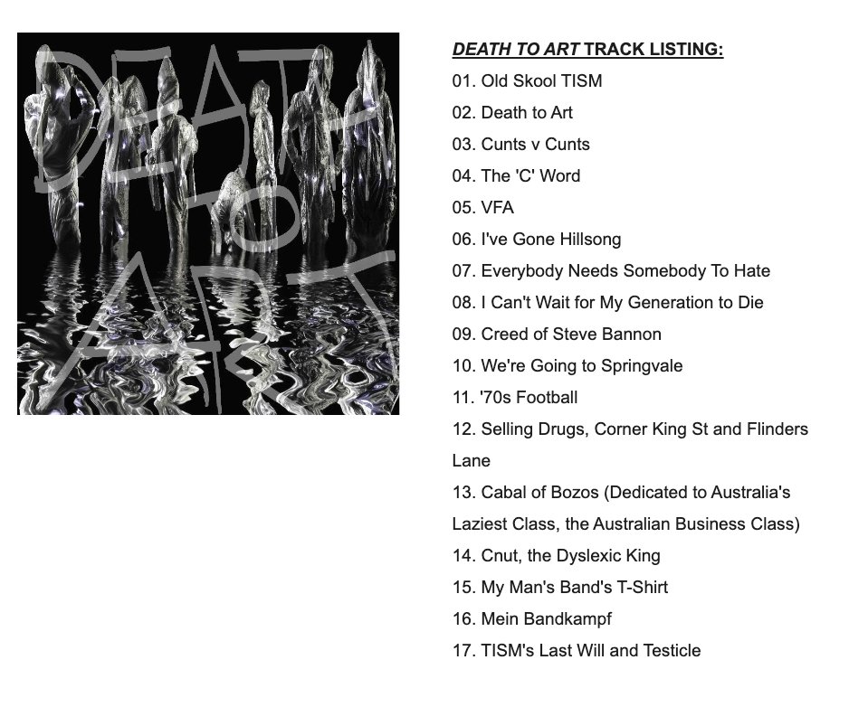 Andy_Hazel's tweet image. The tracklisting from TISM's forthcoming album shows they are, at the very least, consistent.