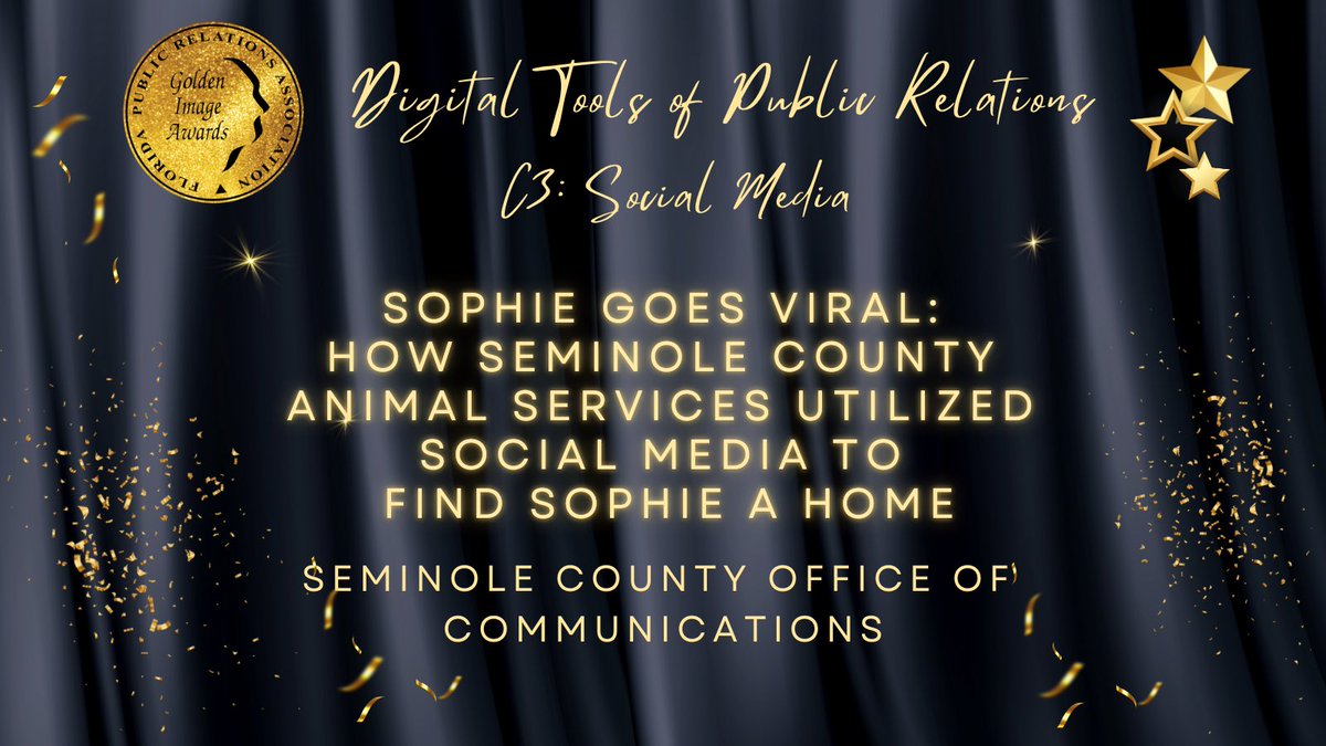 Congratulations to our Golden Image Category Winners!
Division C: Digital Tools Public Relations Programs: C3: Social Media
 
Sophie Goes Viral: How Seminole County Animal Services Utilized Social Media to Find Sophie a Home
 
Seminole County Office of Communications