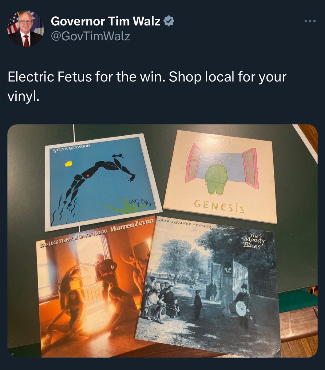 WUTangKids's tweet photo. I’ll tell you how cool Tim Walz is:

1. Dude shops at his local record store for vinyl….shout out @efetusmpls in Minneapolis 
2. He’s a fan of Warren Zevon, Steve Winwood, Genesis and The Moody Blues 
3. End tweet https://t.co/bKuvwKK5KG