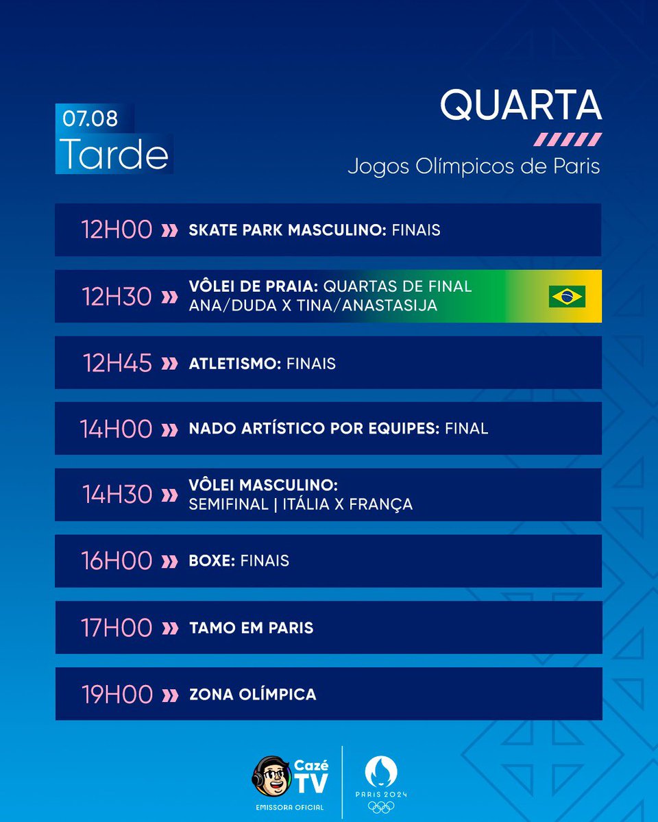 CazeTVOficial's tweet image. ACABA NÃOOO!🥹 FICA PRA SEMPRE, #OlimpíadasNaCazéTV! TAMO ENTRANDO NA RETA FINAL, MAS AINDA TEM MUUUUUUUITA COISA PRA ROLAR! SE LIGA NA AGENDA ATUALIZADA E VEM COM A GENTE! VALE MUUUUUITO MAIS QUE OURO! 🫶🏽

#Paris2024 #EsportesDaSorte