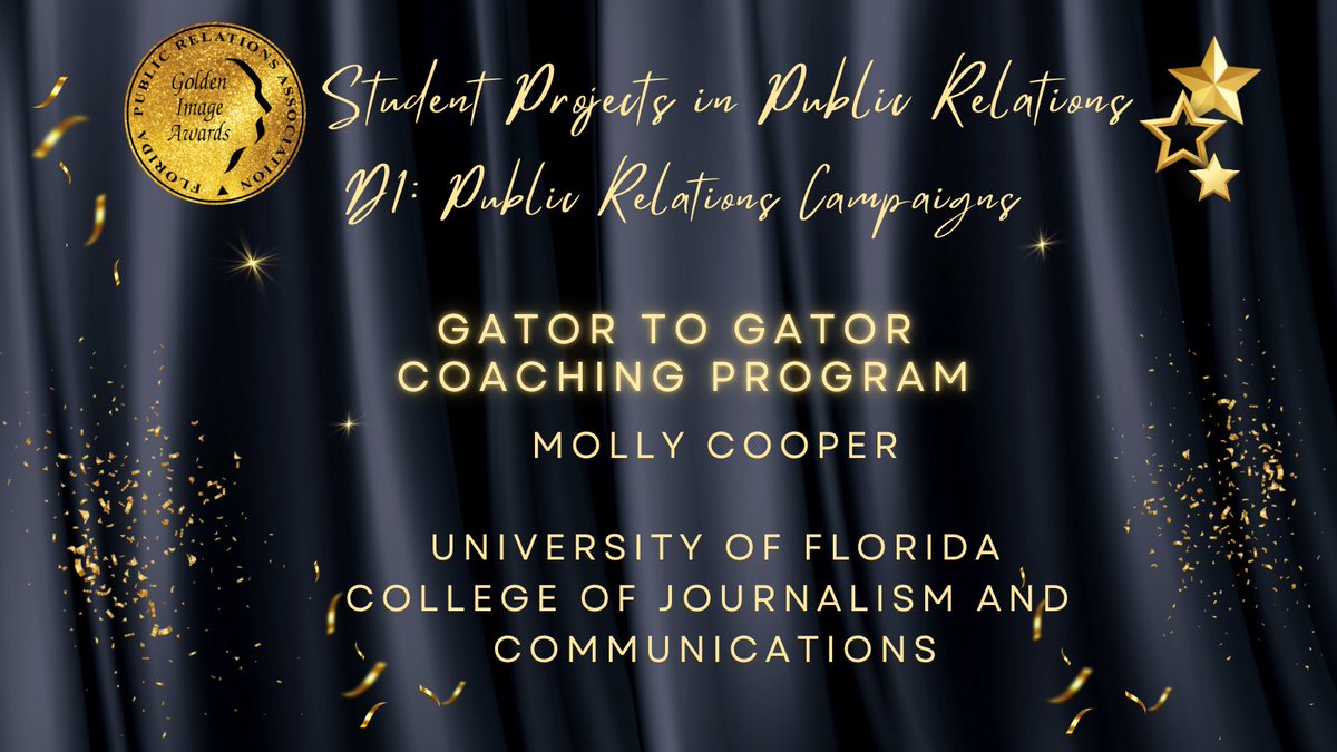 Congratulations to our Golden Image Category Winners!
 
Division D: Student Projects in Public Relations D4: Public Relations Campaign
 
Gator to Gator Coaching Program 🐊
 
Molly Cooper
 
University of Florida
College of Journalism and Communications
