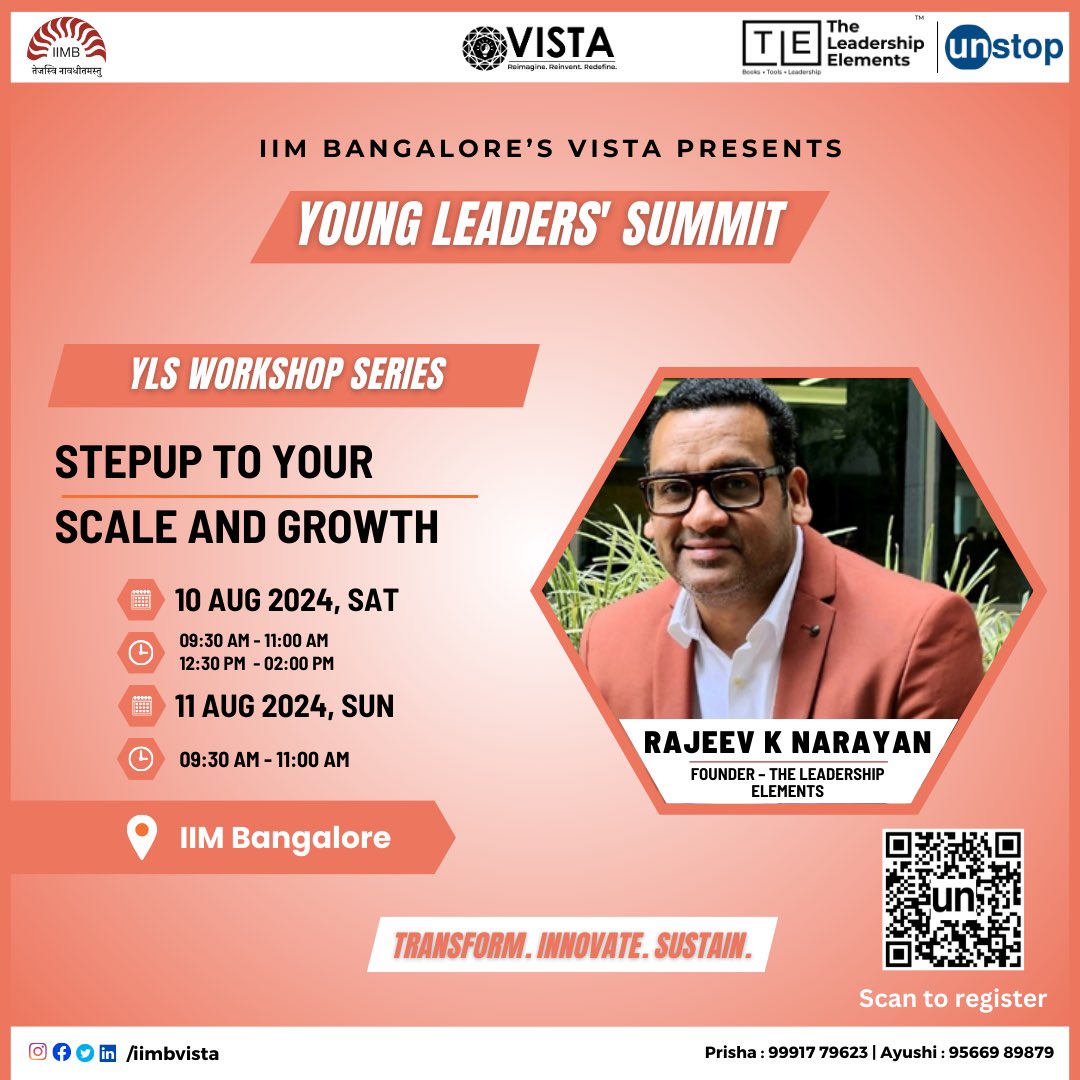 Join us for the YLS Workshop Series led by Rajeev K Narayan, Founder of The Leadership Elements. This workshop will provide actionable strategies and insights for scaling and growing your professional journey.

#Vista2024 #YoungLeadersSummit #YLSWorkshop #RajeevKNarayan #Leader