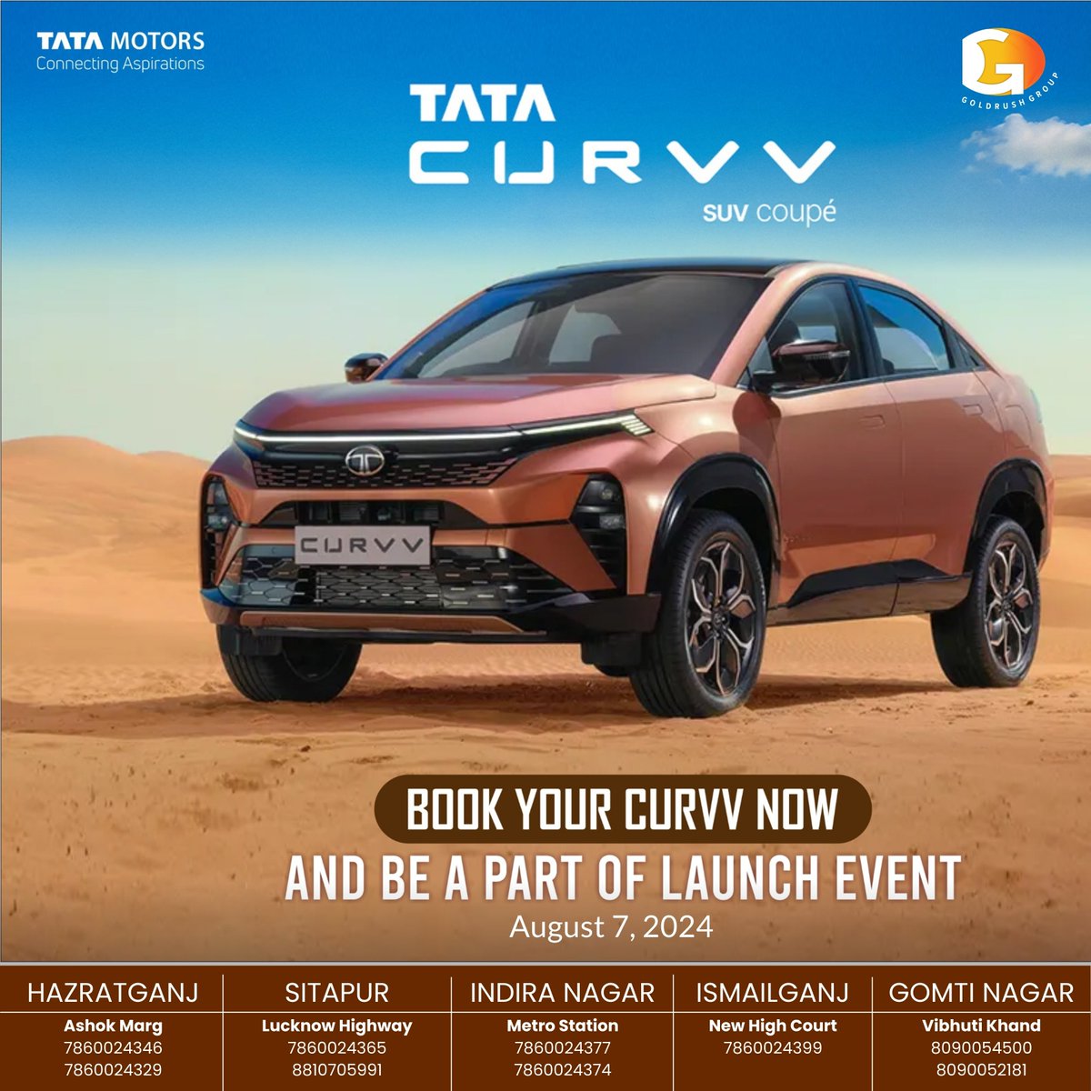 goldrushtata's tweet photo. Good morning everyone,

It's an extra bright morning for us today.

The wait will finally be over- just a few hours to go!

Witness a new era — shaped for you! Watch the most awaited launch of India’s first SUV coupé- TATA Curvv &amp; Curvv.ev, live at 11:30 AM!

.
#TataCURVV #CURVV https://t.co/r2siiPrNGo