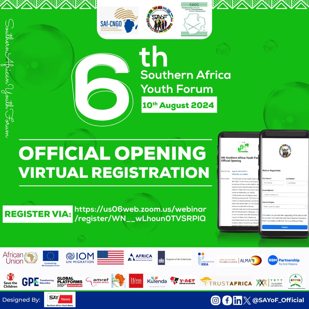📢📢#6thSouthernAfricaYouthForum Official Opening Virtual Registration 

📍Harare, Zimbabwe🇿🇼

🗓️ 1⃣0⃣ August 2⃣0⃣2⃣4⃣

🔗Registration Link: us06web.zoom.us/webinar/regist…

#SouthernAfricaYouth #6thSouthernAfricaYouthForum