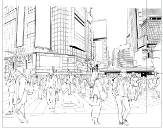 素材作りとして皆がよく使う渋谷の背景を描いていたんですが、まあ、ビル描き始めると手が止まるんですよ。直線の格子とかに本当に興味が薄いようで。 自然とか朽ちてるとか、同人誌描くならそういうのが良いなと気づきました。