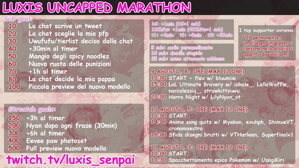 Ecco qua tutte le informazioni della maratona che inizierà il 9 agosto!
Ho già l'ansietta. Ringrazio tutti i vtuber che hanno accettato di partecipare~ <a href="/LallaWaffle/">LallaWaffle | Witch's Apprentice Vtuber ITA/ENG❤️</a>
<a href="/strawkittyuwu/">Strawkitty🍓😺</a> @bluumiie <a href="/lilynyan_vt/">🐾 LilyNyan 🥞</a> @Myakon_ <a href="/Shimuee_/">Shimuee 🦇Vtuber</a> @cronomaestro <a href="/VTHarleen/">VTHarleen</a> <a href="/exuhph/">exuhph</a> 
#vtuber #vtuberita