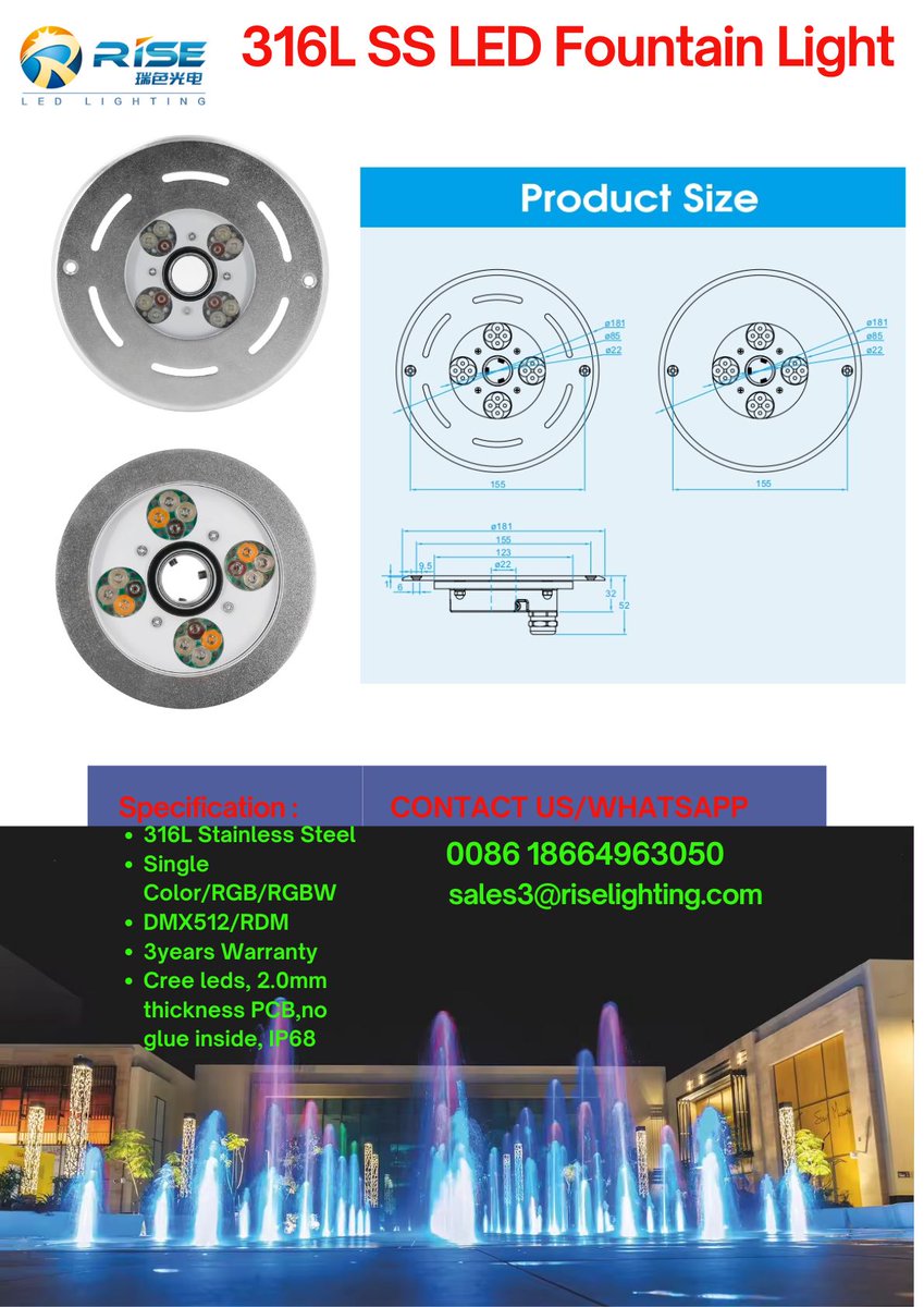 Exciting update! 🌟 Introducing the 316L Stainless Steel RGBW LED Fountain Light with a Center Hole of 22mm and an impressive 24W output. Perfect for creating captivating fountain shows, water screens, projection mapping, and more Enhance your outdoor space with lighting solution