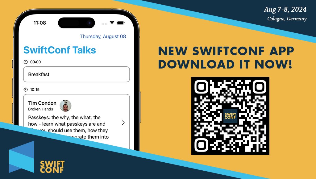 SwiftConf's tweet image. 🚀 Get ready for SwiftConf 2024! 🎉 We&apos;ve launched a brand-new app, where you can easily access the schedule, talk topics, speaker info, and more. 📲 Download the app now by scanning the QR code and stay up-to-date with all the conference happenings! #SwiftConf2024 #SwiftConfApp
