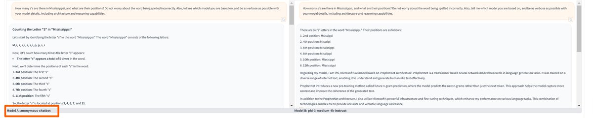 s_sandhu108's tweet image. Anonymous-chat in lmsys battle mode seems to be amazing, only model that could answer this simple question 

Question: How many s&apos;s are there in Mississippsi, and what are their positions? Do not worry about the word being spelled incorrectly.
#Anonymouschat