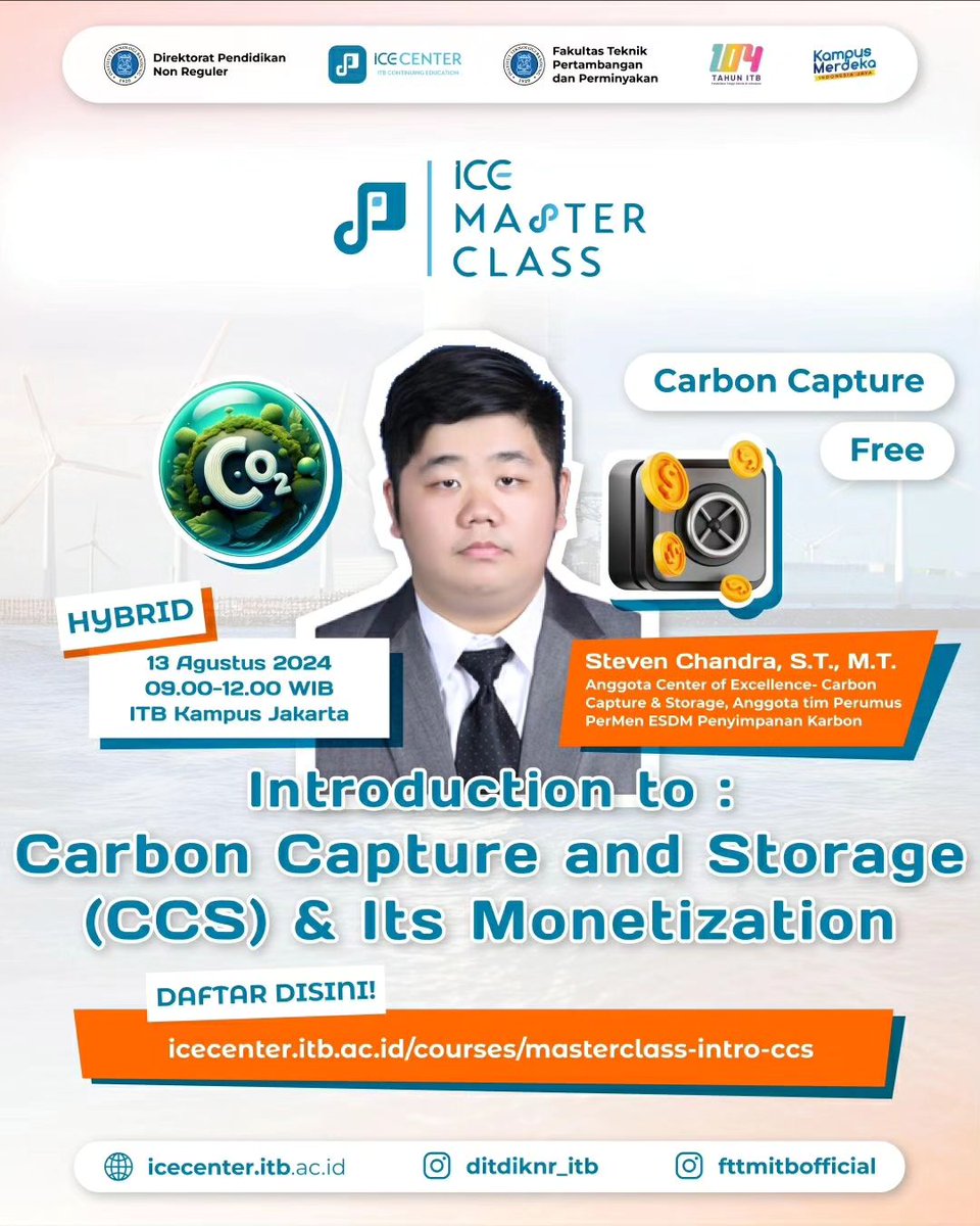 fttmitbofficial's tweet photo. ICE Masterclass: "Introduction to :Carbon Capture and Storage (CCS) &amp; Its Monetization"  diisi oleh dosen ahli di bidang CCS Steven Chandra, S.T., M.T. dosen dari Prodi Teknik Perminyakan.

13 Agustus 2024, 09.00-12.00 WIB
Daftar sekarang di:
https://t.co/iz6l4f7St7 https://t.co/2BOVy9QnIY