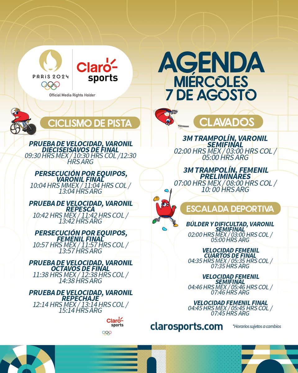 ClaroSports's tweet photo. ¡VAYA DÍA EL QUE SE NOS VIENE EN #Paris2024!👏🏽

Les dejamos la agenda de este miércoles en los Juegos Olímpicos, RECUERDA que puedes seguir TODOS los eventos en #ClaroSports 🤩

#ParísEsTuyo https://t.co/ldjXCJiSOo