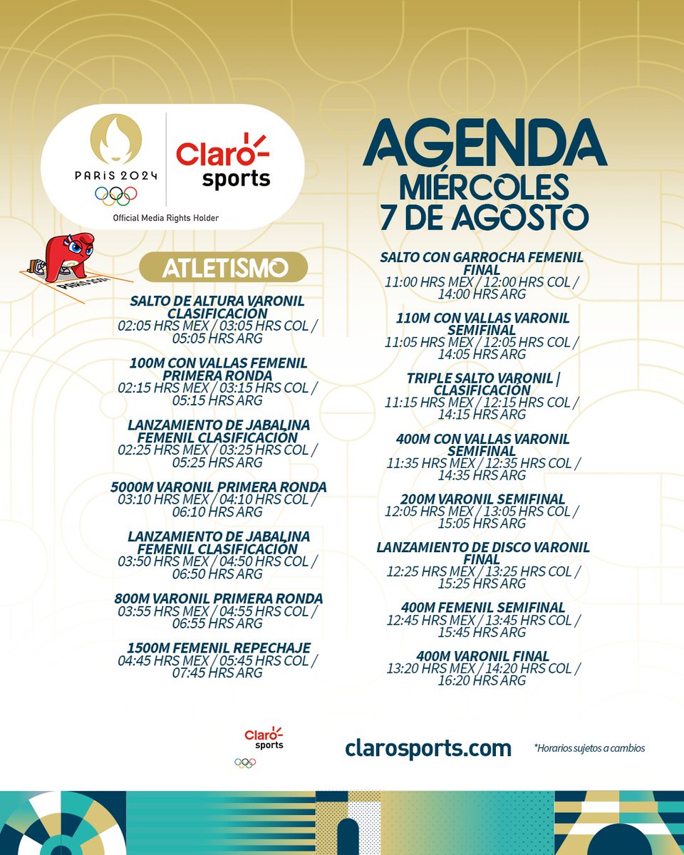 ClaroSports's tweet photo. ¡VAYA DÍA EL QUE SE NOS VIENE EN #Paris2024!👏🏽

Les dejamos la agenda de este miércoles en los Juegos Olímpicos, RECUERDA que puedes seguir TODOS los eventos en #ClaroSports 🤩

#ParísEsTuyo https://t.co/ldjXCJiSOo