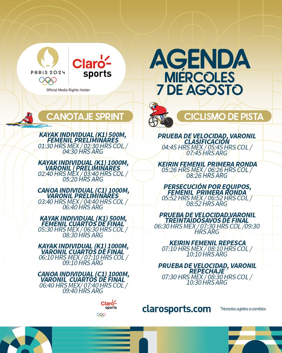 ClaroSports's tweet photo. ¡VAYA DÍA EL QUE SE NOS VIENE EN #Paris2024!👏🏽

Les dejamos la agenda de este miércoles en los Juegos Olímpicos, RECUERDA que puedes seguir TODOS los eventos en #ClaroSports 🤩

#ParísEsTuyo https://t.co/ldjXCJiSOo