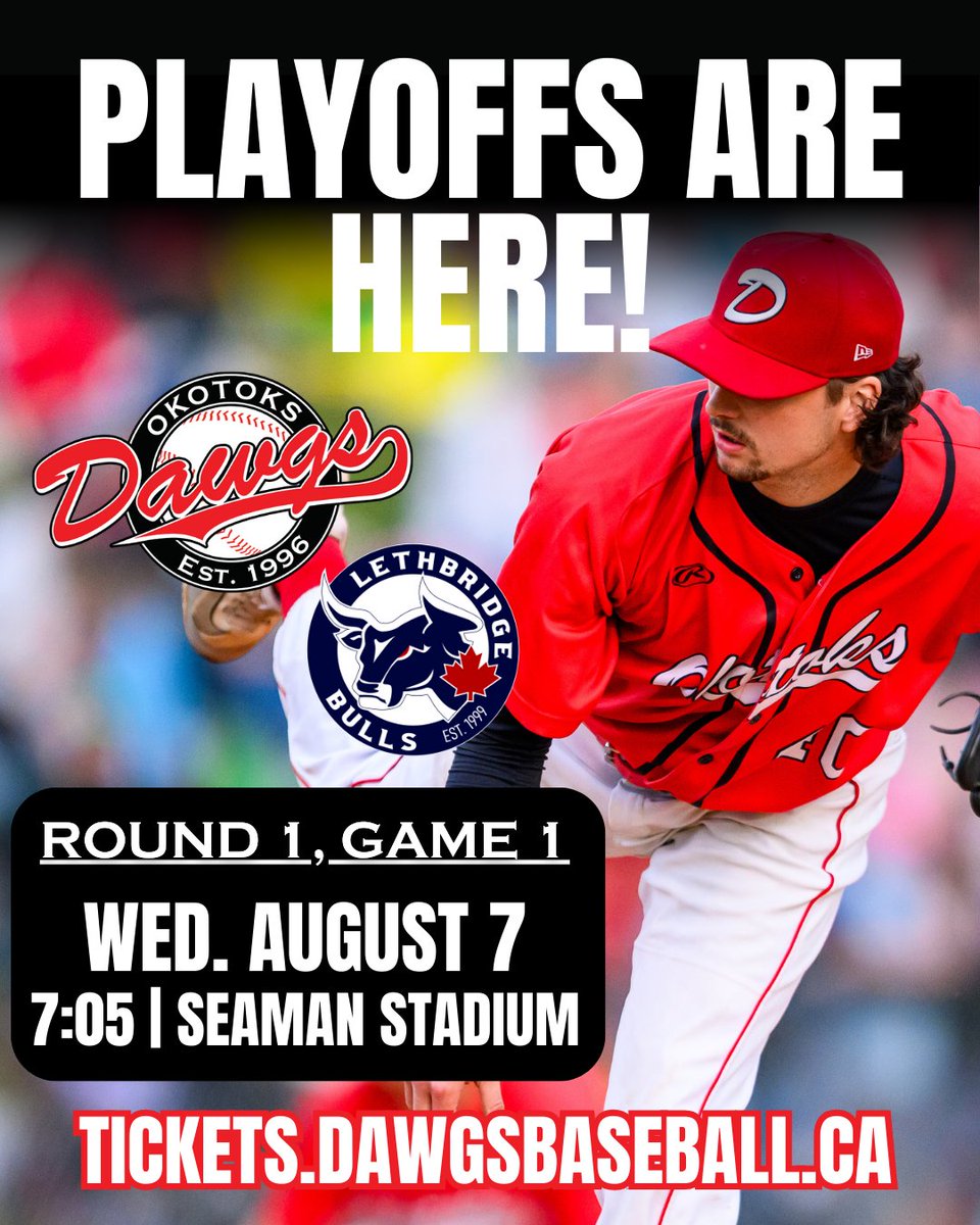 Okotoks_Dawgs's tweet photo. Get Playoff Ready!
Tickets available for Game 1 tomorrow night! Game 3 will be in Okotoks on Friday if needed.
#dawgs #baseball #okotoks #wcbl #playoffs #repeatthe3peat https://t.co/p8H8HSpBFN