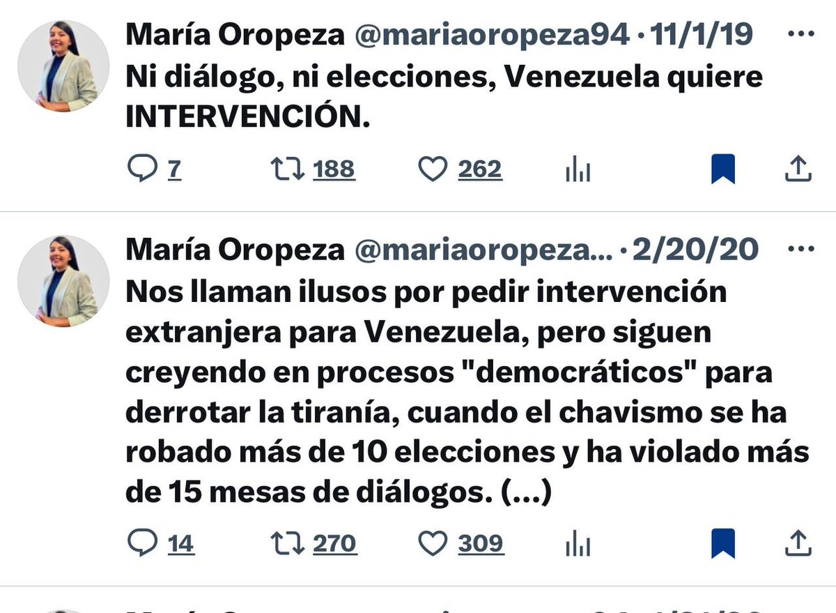 A propósito de la detención de Maria Oropeza en el estado Portuguesa, recordemos estos tuits.

Esta es la gente que defiende Maria Corina, aquellos que piden muerte e invasión para Venezuela