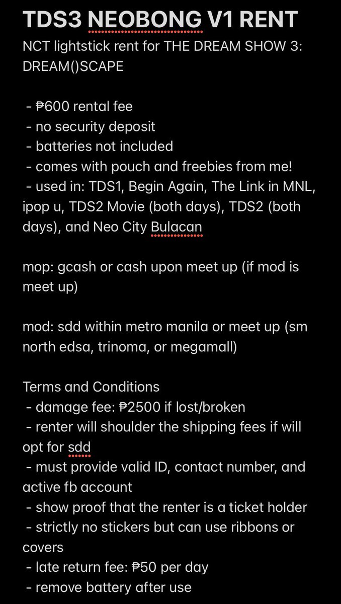 chanminsungbin's tweet photo. WTR LFR PH

NCT lightstick rent for THE DREAM SHOW 3: DREAM()SCAPE

- ₱600 rental fee
- no sec deposit
- comes with pouch and freebies
- loc: qc, mm

kindly check first pic for further details

tags: ls neobong concert dreamscape version 1 v1 https://t.co/sMVPUED4YS