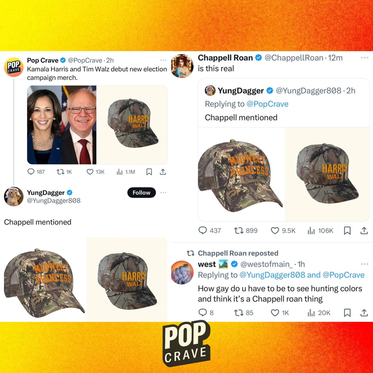 Chappell Roan reacts to fans comparing Kamala Harris &amp; Tim Walz merch to her “Midwest Princess” hat.