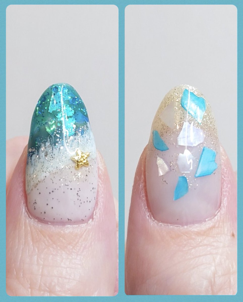 Violet__Ree's tweet photo. Summer nail💅✨
色々な夏っぽいものを
ふんだんに取り入れました😸
✨🐚🧜‍♀️🏖🫧

夏だからギラギラしてても
いいですよね😆💕

(またオイル塗るの忘れたw)

#ジェルネイル　#セルフネイル
#夏ネイル　#シェルネイル
#マーメイドネイル  #海ネイル https://t.co/P0JL7CIe4u