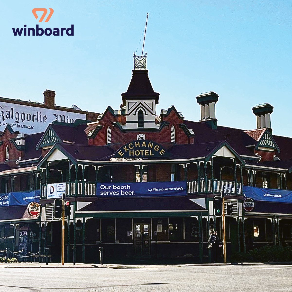 Winboarddotcom's tweet photo. 🚀 @Winboard made an impact at Diggers &amp; Dealers! We teamed up @ResourcesWA &amp; the iconic Exchange Hotel in Kalgoorlie for eye-catching banner signage. Perfect venue, great collaboration! Thanks to all involved. Stay tuned for more! 🚀 #Winboard #appearanywhere #DiggersAndDealers https://t.co/iqHhywkOTk