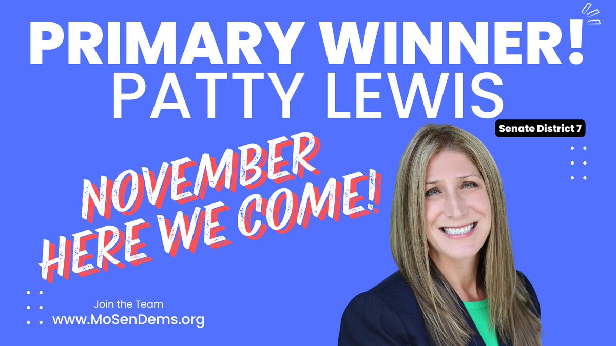 Congratulations <a href="/Patty4MO/">Patty4MO</a>! It's time to send a Nurse to the State Senate! November here we come! Join the team at mosendems.org #moleg
