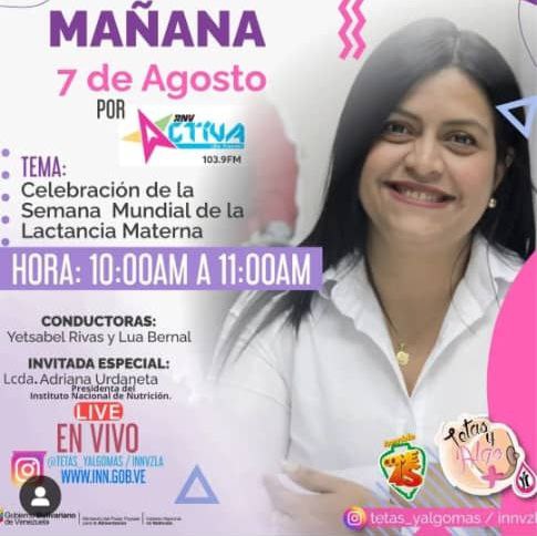 Mañana #7Ago no te puedes perder a nuestra presidenta nacional <a href="/adri_urdaneta/">Adriana Urdaneta</a> quién hablara sobre la Celebración de la semana mundial de la lactancia materna,de 10 a11 AM por el Instagram <a href="/innvzla/">Inst.Nac.Nutrición</a>  <a href="/InnVenezuela/">Nutriendo Conciencias</a>
#ChaoWhatsApp