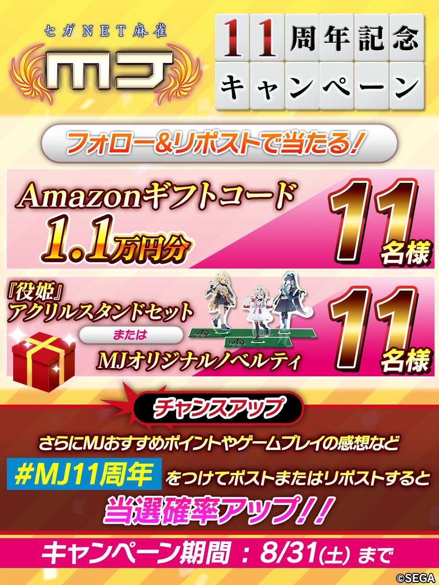 sega_MJ's tweet photo. ˗ˏˋ MJアプリ11周年記念キャンペーン👏  ˊˎ˗

フォロー&amp;この投稿をリポストで各11名様にプレゼント🎁　　　

さらに！　
お気に入りの実況・解説プロ雀士名やのセリフ など おすすめポイントを#MJ11周年 でポスト📲すると当選確率UP🎯⤴

ご参加お待ちしています🀄

#麻雀MJ https://t.co/lA4OrNePGv