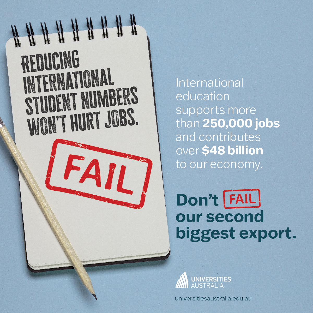 uniaus's tweet image. Education is Australia’s second biggest export, worth over $48 billion to the economy. Fewer international students puts at risk the 250,000 jobs that rely on them.  
#IntlEducationMatters #auspol #highered