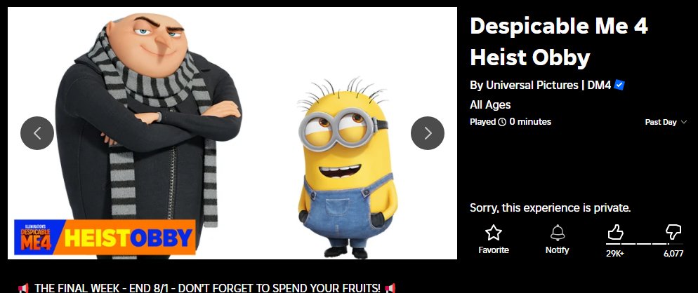 PeriBlitzV2's tweet image. Despicable Me 4 Heist Obby is lost media?!?!?!?!