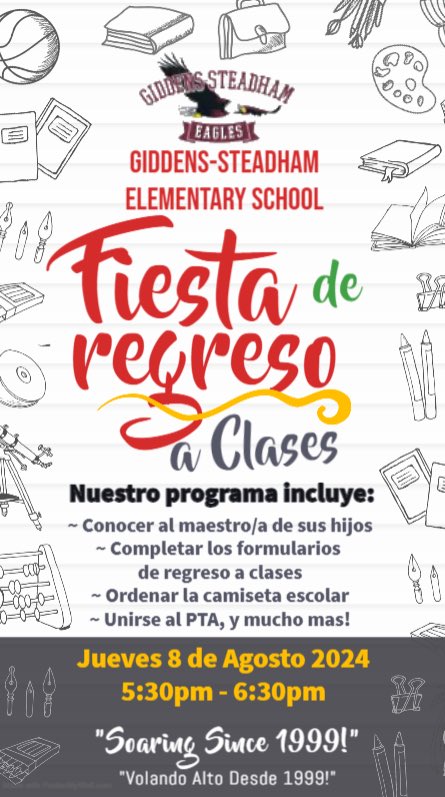 🎊Greetings Steadham Eagles! 🎉 
Join us Thursday, August 8th from 5:30pm - 6:30pm for our Back to School Bash. Meet your child’s teacher, drop off school supplies, join PTA and so much more! We can't wait to see you!

School Supply Lists:
garlandisdschools.net/steadham/acade…