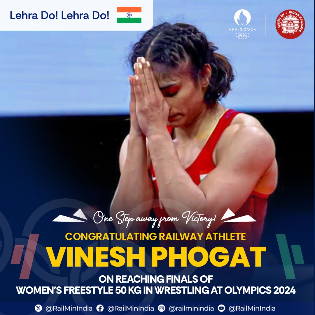 Ministry of Railways (@railminindia) on Twitter photo Indian Railways congratulates Vinesh Phogat on reaching the Finals of Women’s 50 Kg freestyle Wrestling at <a href="/Paris2024/">Paris 2024</a>. She is also a proud member of railway family.
#Cheer4Bharat #Paris2024 Indian Railways congratulates Vinesh Phogat on reaching the Finals of Women’s 50 Kg freestyle Wrestling at <a href="/Paris2024/">Paris 2024</a>. She is also a proud member of railway family.
#Cheer4Bharat #Paris2024