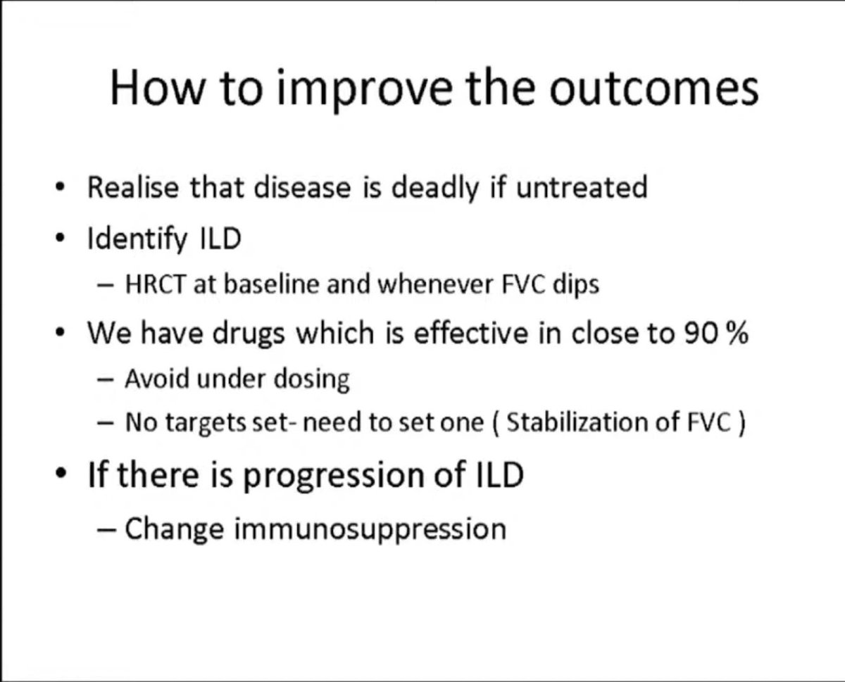 Abhishek_joints's tweet photo. #OARC update: Takeaways from SSc ILD from @drdpshenoy. 1.SSc ILD- Highest SMR among CTD ILD.  2. Max. Lung volume loss seen in first few yrs 3. Scl70 ⬆️ &amp; centromere⬇️ risk of ILD 4.Get HRCT at baseline in Scl 70+,early disease 5. FVC < 80% predicts poor survival 5.🎯FVC⚖️ https://t.co/VlWhZw65B8