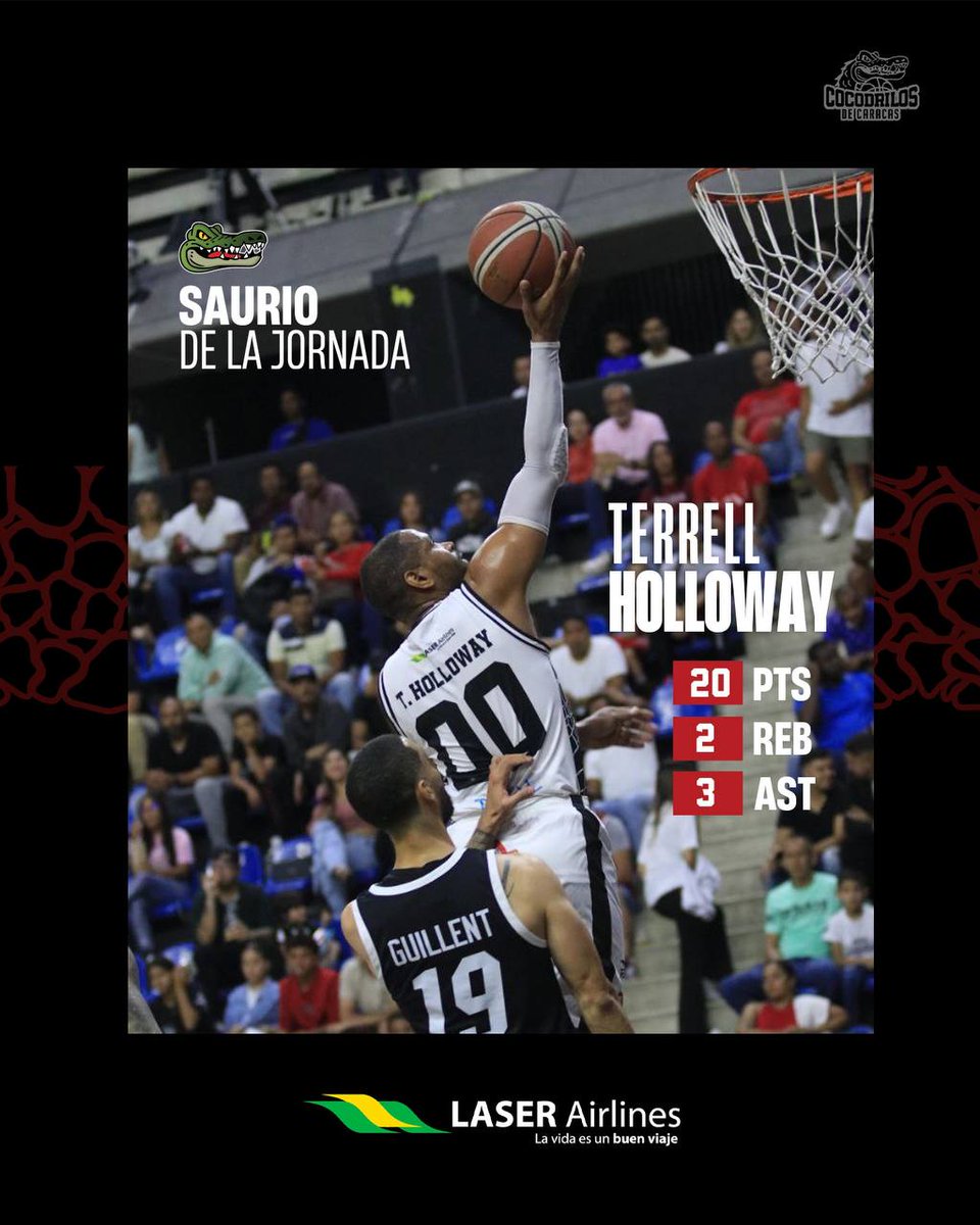 ¡Bien hecho! 🔥🏀💪🐊

Por segunda noche consecutiva, Terrell Holloway encestó al menos 20 puntos, por lo que ha sido seleccionado como el Saurio de La Jornada. 

Esta distinción es presentada por @laserairlinesoficial la vida es un buen viaje. 

#CaracasEsCocodrilos