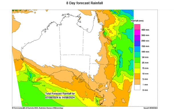 AussieGrainPro's tweet photo. Not a lot of rain forecasted for the EC in the next 8 days. Hopefully crops in SNSW, VIC and SA can last on subsoil moisture. https://t.co/Ml1thrNw2s