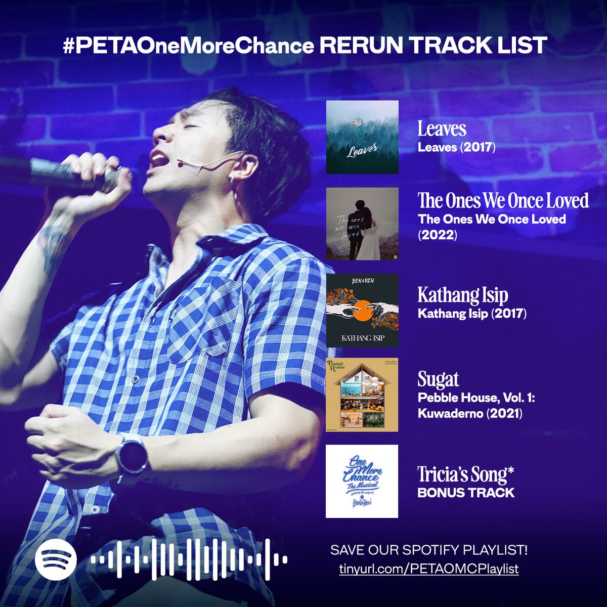 Check out the updated track list for One More Chance, The Musical. Save our show’s playlist on Spotify here ➡️ tinyurl.com/PETAOMCPlaylist

#PETAOneMoreChance #OMCTheMusical #OMCXBenAndBen