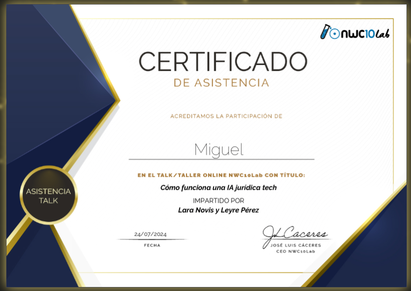 ¡Hola! 🙋‍♂️ Ya tengo mi certificado de asistencia al Talk Cómo funciona una IA jurídica tech que organizó <a href="/NWC10group/">NWC10</a>  🚀 Gracias por el evento.,¡Hola! 🙋‍♂️ Ya tengo mi certificado de asistencia al Talk Cómo funciona una IA jurídica tech que organizó <a href="/NWC10group/">NWC10</a>  🚀 Gracias