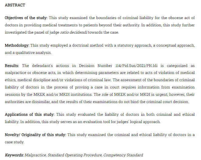 Jurisprudence_e's tweet photo. Ohoiwutun, Y. A. Triana, dkk. “Measuring the Boundaries of Criminal Liability for Obscene Acts in Medical Treatments (Case Study of Decision Number 114/Pid.Sus/2021/PN.Idi).” Jurnal #Jurisprudence, Juni 2023, hlm. 46–58. https://t.co/RWqsxZGR9K, https://t.co/NgkRlQgWV7. https://t.co/lbIoDmW0P9
