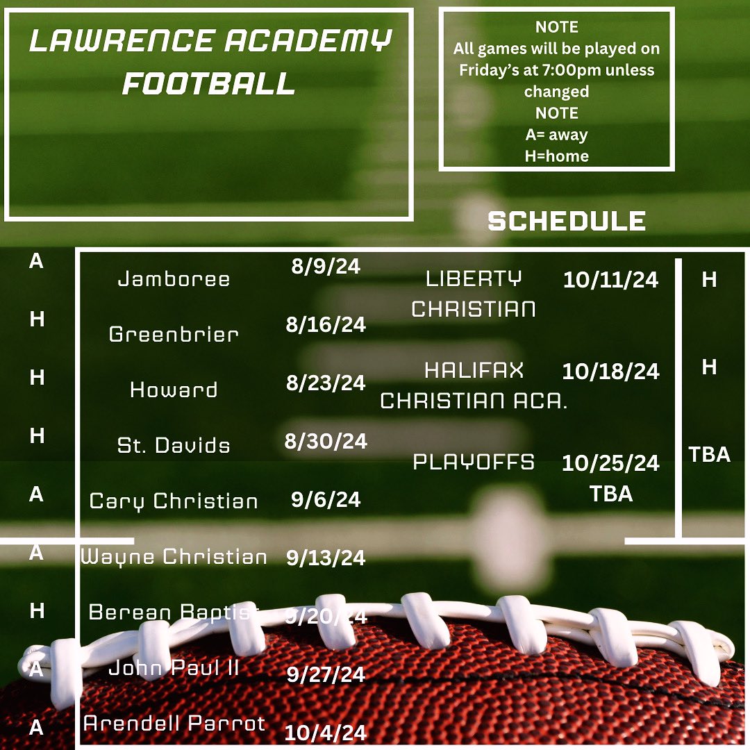 Admissions for home games will be $7. 
The Jamboree will start at 6pm at Greenbrier Christian Aca. in Chesapeake Virginia. 
For any other information go to lawrenceacademy.org or our MaxPreps page.
<a href="/ESPNradio941/">Priority Lexus Sports Radio 94.1</a> <a href="/magic959online/">Magic 95.9</a>