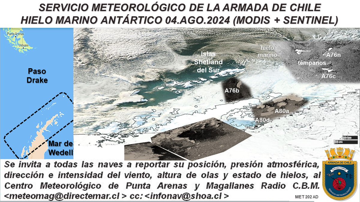 Off_Valpo's tweet photo. [NUEVO] radio aviso náutico N°255 https://t.co/bJgjcOGkwd monitoreo satelital #témpanos tabulares gigantes #A76b #A76c #A76n en Estrecho #Bransfield y Mar de #Wedell https://t.co/jAYE55YGqm situación actual del #hielo marino  frente a las islas #Shetland del #Sur en la #Antártica https://t.co/RTNp6o7RdB