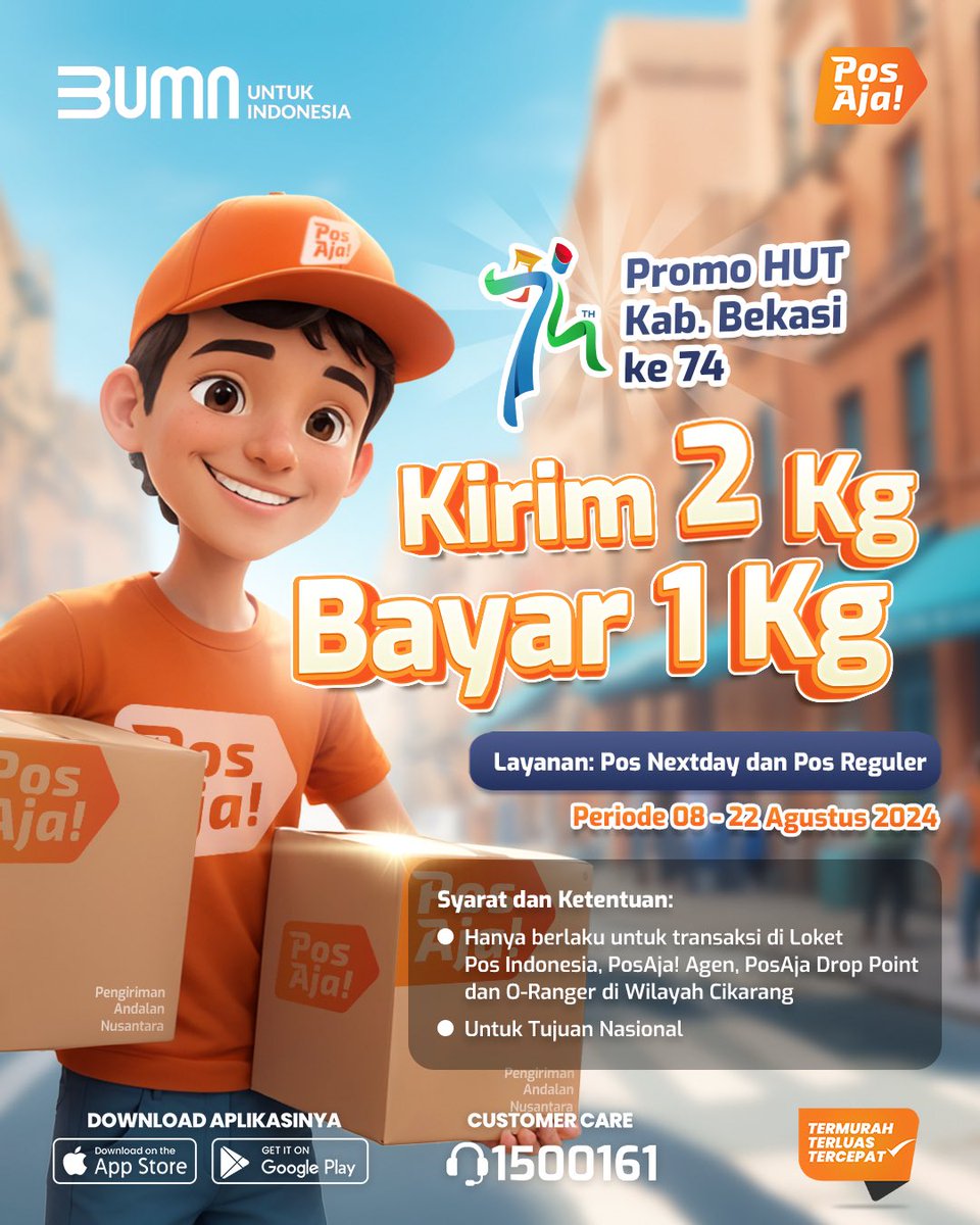 PosAjaOfficial's tweet photo. Halo Sahabat PosAja! Yuk rayakan HUT Kabupaten Bekasi yang ke 74 dengan gembira bersama promo kirim 2Kg, bayar 1Kg!
#MajuBersamaUMKM #MerdekaBersamaUMKM #PosAja! #PosIND #PosIndonesia #BUMNUntukIndonesia #278thPosIND #PromoPosAja! #PromoHUTBekasi #PromoCikarang https://t.co/CbVx7mmQhb